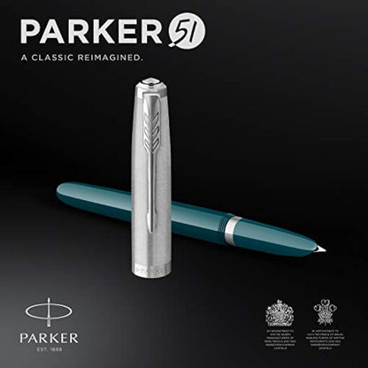 Parker 51 Fountain Pen | Teal Blue Barrel with Chrome Trim | Fine Nib with Black Ink Cartridge | Gift Box