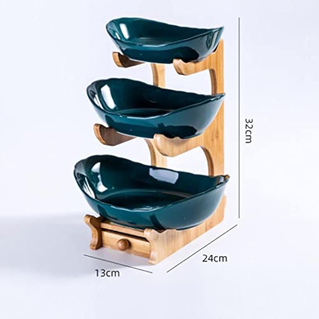 Simcat Fruit Plate Set Fruit Basket for Kitchen Counter, Ceramic Fruit Bowl,Large Capacity Fruit Bowl Set with Holder, Bamboo Fruit Serving Tray (Three Layer Dark Green)