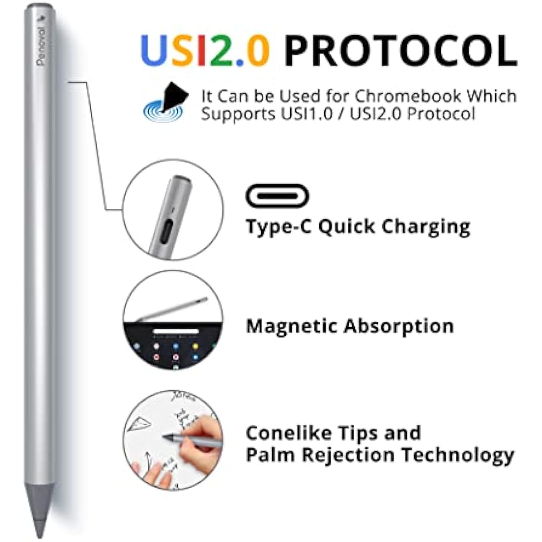 Penoval USI 2.0 Stylus Pen - 4096 Pressure, Magnetic, for Google Pixel Tablet, Amazon Fire Max 11, Lenovo Chromebook Duet, HP Chromebook X360 14b - Spare Tips Included