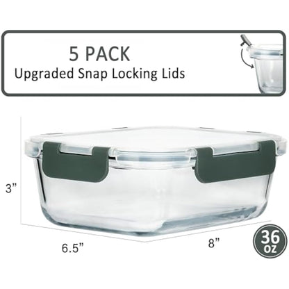 MCIRCO Glass Meal Prep Containers with Lids 1040ml Airtight Glass Food Storage Containers, Set of 5