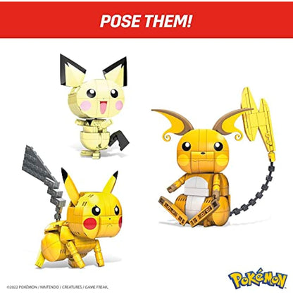MEGA Pokémon Action Figures Toy Building Set, 4 Inch Pikachu, Raichu and Pichu Build n Show Pikachu Evolution Trio with Poke Ball Pin