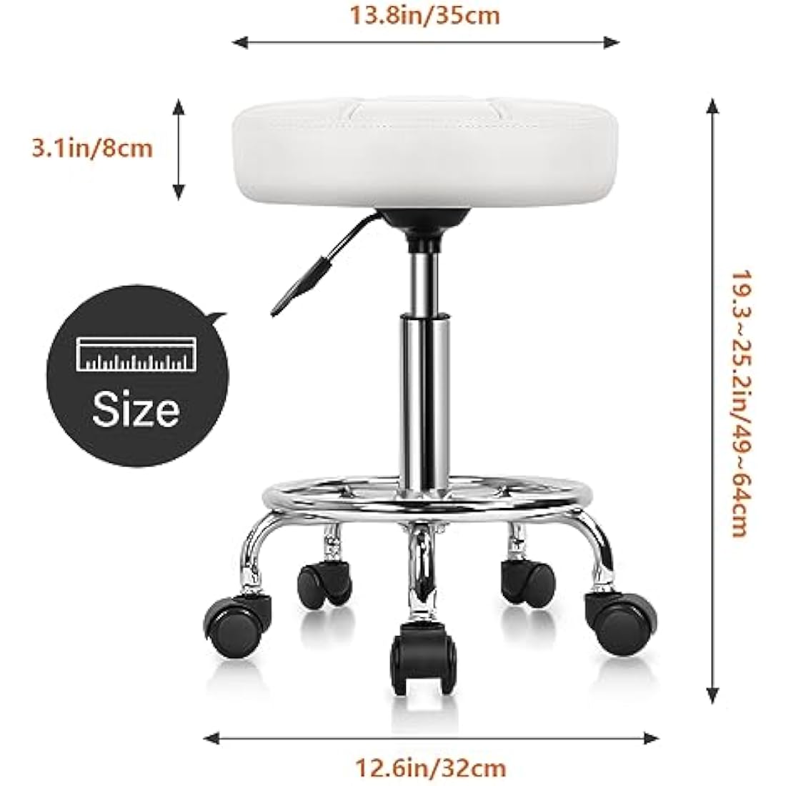 KKTONER Round Rolling Stool Chair PU Leather Height Adjustable Swivel Drafting Work SPA Shop Salon Stools with Wheels Office Chair Small (White)