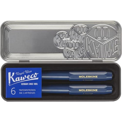 Moleskine x Kaweco Fountain Pen in ABS plastic with Gold-Plated Size M Nib and Refillable Ballpen for Writers, Note-Takers, Refill 1.0mm with Blue Ink and 6 Blue Ink Cartridges included, Color Blue