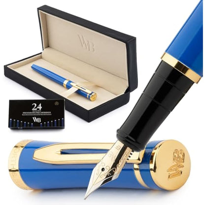 Wordsworth & Black Fountain Pen Set, 18K Gilded Extra Fine Nib, Includes 24 Pack Ink Cartridges, Ink Refill Converter & Gift Box, Gold Finish, Calligraphy, [Imperial Blue], Perfect for Men & Women