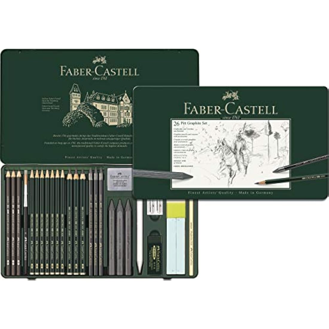 Faber-Castell - Pitt Graphite Set in Metal Case Large 26+3 Piece (Includes Eraser Pen with Brush, Paper Mop and Lead Sharpening Block)