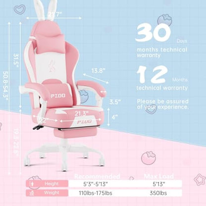 PZDO Pink Gaming Chair,High Back Computer Chair with Footrest, Kawaii Gaming Chairs for Girls Adults Women Kids, Reclining Chairs with Bunny Ear & Lumbar Support, Gift(Pink-White)