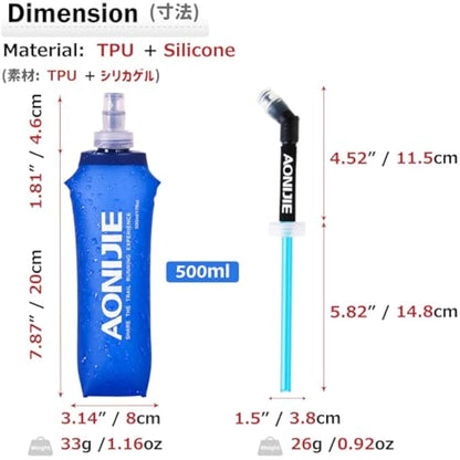 Azarxis TPU Soft Flask Collapsible Water Bottle Running Folding Gel Water Reservoir Handheld for Hydration Pack Hiking Cycling Climbing Jogging Marathon Trail Race (500ml - 2 Pack with 2 Speed Straw)