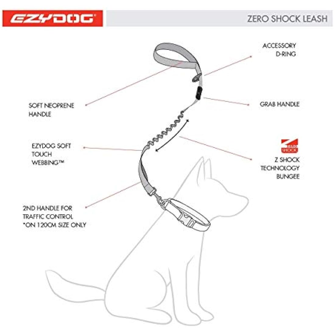 EzyDog Zero Shock Dog Lead - Shock Absorbing - Anti Pull Dog Lead for Medium Dogs, Leads For Large Dogs - Soft Double Handle, Traffic Control, 1.2m - Red