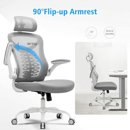 Magic Life Office Chair, Adjustable Desk Chair with Flip-up Armrest, Rebound Seat Cushion, Breathable Mesh High Back, Comfortable Lumbar Support, Movable Headrest 360° Rotation, White