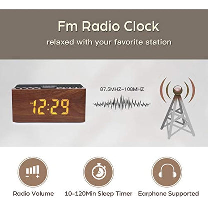 ANJANK Bedside Wooden FM Radio Alarm Clock,10W Super Fast Wireless Charger Station for Iphone/Samsung Galaxy,USB Charging Port, 5 Level Digital Dimmable Led Display,Mains Powered with Backup Battery