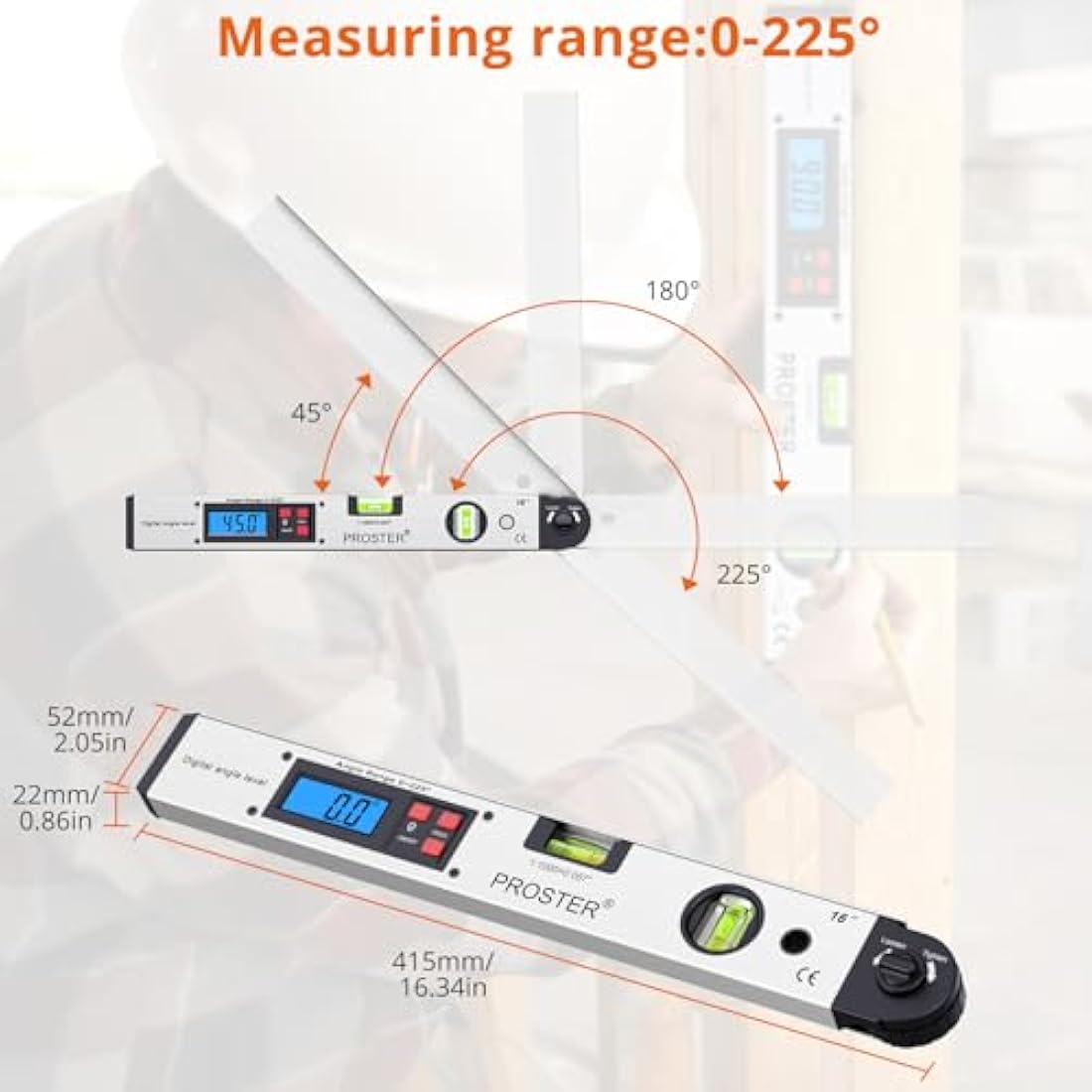Proster Angle Finder 0-225° Digital Protractor with Battery and Pouch 400mm/16 inch Angle Ruler with Spirit Levels and Backlit LCD Digital Angle Measuring Tool for Roofing Engineering