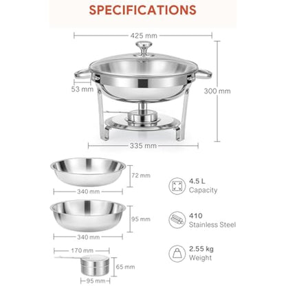 WILPREP Chafing Dish Buffet Set, 4 Pack 4.5L Round Chafers for Catering with Glass Lid & Lid Holder Water Food Pan, Stainless Steel Food Warmers