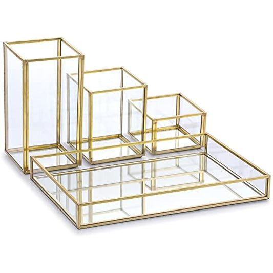 Tolida Gold Glass Combined Cosmetic Box with Stackable Makup Brush Holer and Jewelry Tray, Cosmetic Brush Eyeliner Display, Pen Pencil Holder with Mirrored Vanity Tray for Dresser Bathroom Bedroom