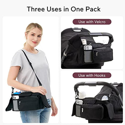 Momcozy Baby Pushchair Organiser, 3 Insulated Cup Holder，Detachable Zippered Pocket, Adjustable Shoulder Strap, Large Capacity for Baby Essentials, Compact Design Fits Any Pram Handlebar