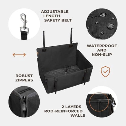 Extra Stable Dog Car Seat - Reinforced, Waterproof Pet Car Seat for Medium-Sized Dogs with 4 Fastening Straps (L Size, Black)