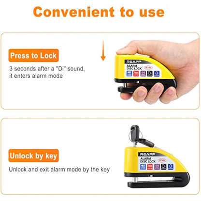 REAPP Alarm Disc Lock Motorbike Lock, Disc Brake Lock 110db with Reminder Cable and Carry Pouch, High Security Disc Lock for Motorcycle Bike Moped Motocross