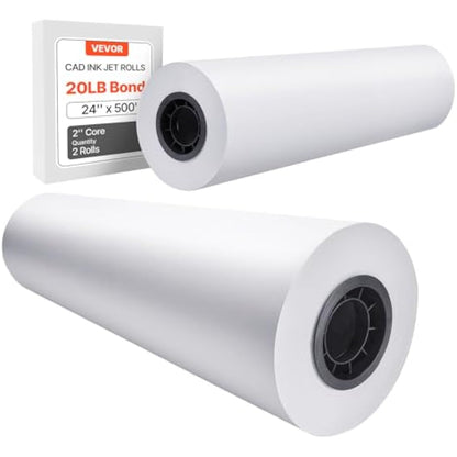 VEVOR Wide Format Paper, 24 in x 500 ft Plotter Paper, 2 Rolls CAD Bond Rolls with 3 in Core, 20 LB Bond Paper Rolls, Idea for CAD Drawings, Engineering Plans, GIS Maps & Architectural Designs