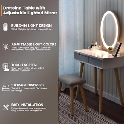 YOURLITE Dressing Table with LED Lights Mirror - White Vanity Makeup Table Set with Adjustable Brightness Mirror, Cushioned Stool and Free Make-up Organizer (White+Grey+Oval Mirror)
