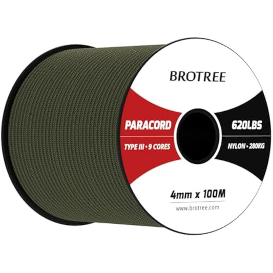 Brotree Paracord 4mm 100M 9 Strands 100% Nylon Rope Type 3 Parachute Cord for Outdoor, Bracelet, DIY - 280kg Breaking Load (Army Green)