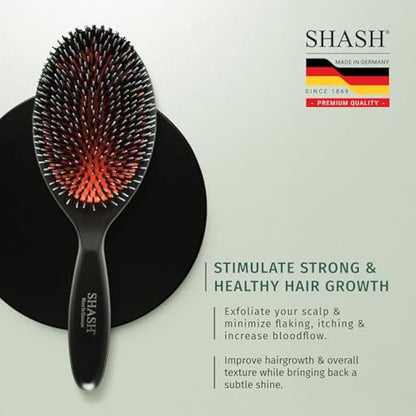SHASH Since 1869 Made In Germany - Nylon Boar Bristle Brush For Normal To Thick Hair, Gently Detangles, No Pulling or Split Ends - Improves Hair Texture, Soothes and Stimulates Scalp (Large)