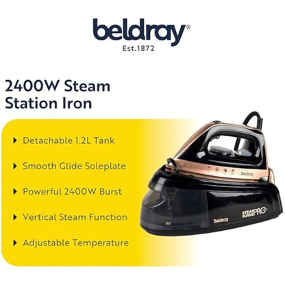 Beldray Steam Station Iron – Steam Generator Iron, Detachable 1.2L Water Tank, Smooth Glide Soleplate, Powerful Steam Burst, Vertical Steam, Adjustable Temperature Dial, 2400W, Rose Gold, BEL01137-150