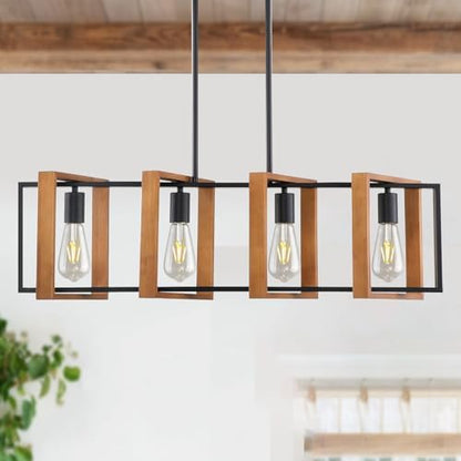 Mikeru Farmhouse Pendant Light, 4 Light Black Metal Industrial Pendant, 80cm Vintage Wooden Pendant, Height Adjustable Indoor Lighting Fixtures for Kitchen Island, Dining Room, Cafe