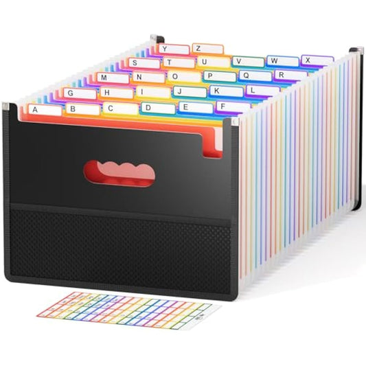 ABC life 26 Pockets Expanding File Folder Accordion File Organiser with Mesh Bag,Portable Rainbow A4 Size Document Filing Box, Accordian Expandable Paper/Bill/Receipt Storage Bag with A-Z Colored Tabs