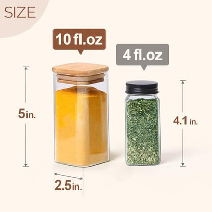 ComSaf 16Pcs Glass Spice Jars with Bamboo Lid, 10oz/300ml Airtight Square Containers with 275 Black Lables, Empty Seasoning Jars for Spice Salt Sugar