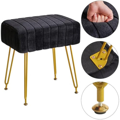 IBUYKE Velvet Rectangular Footrest Ottoman, Makeup Vanity Stool Side Table, Dressing Table Seat, Pouf Couch Stool, Golden Steel Legs, Black L/G-51B