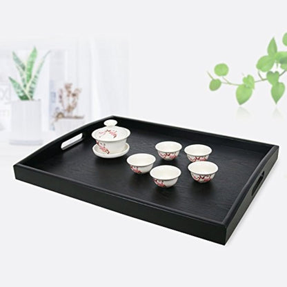 Wooden Serving Tray Large Black Wood Rectangle Food Breakfast Tray With Handles (Large)