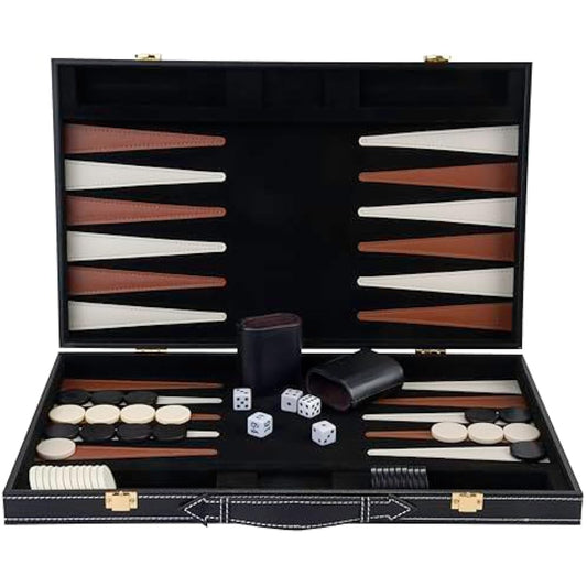 Engelhart – 250504 – Deluxe Backgammon Game 18” – Brown/Ivory – Open: 45.5 x 30.5 x 6 cm –Felt interior – Faux leather points – Metal clasps – 2 players – 5 dice, 2 cups matching checkers