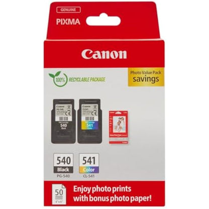 Canon Ink & Paper Multipack - PG-540/CL-541 Genuine Printer Ink Cartridges 2 Pack (1 x Black, 1 x Colour) & 4x6 Photo Paper (50 x Sheets)