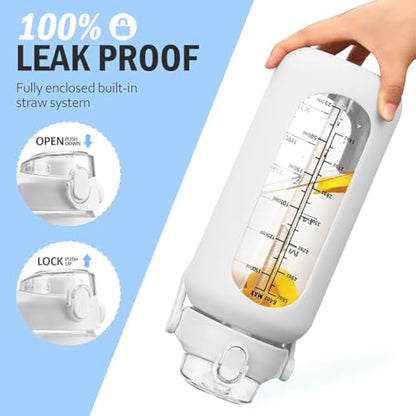 HYDRAGLAZIC 2L Glass Water Bottle with 2 Lids Flip and Chug Lids 2 Liter Large Water Jug with Time Marker and Silicone Sleeve BPA Free Leak-proof for Sports Gym, White