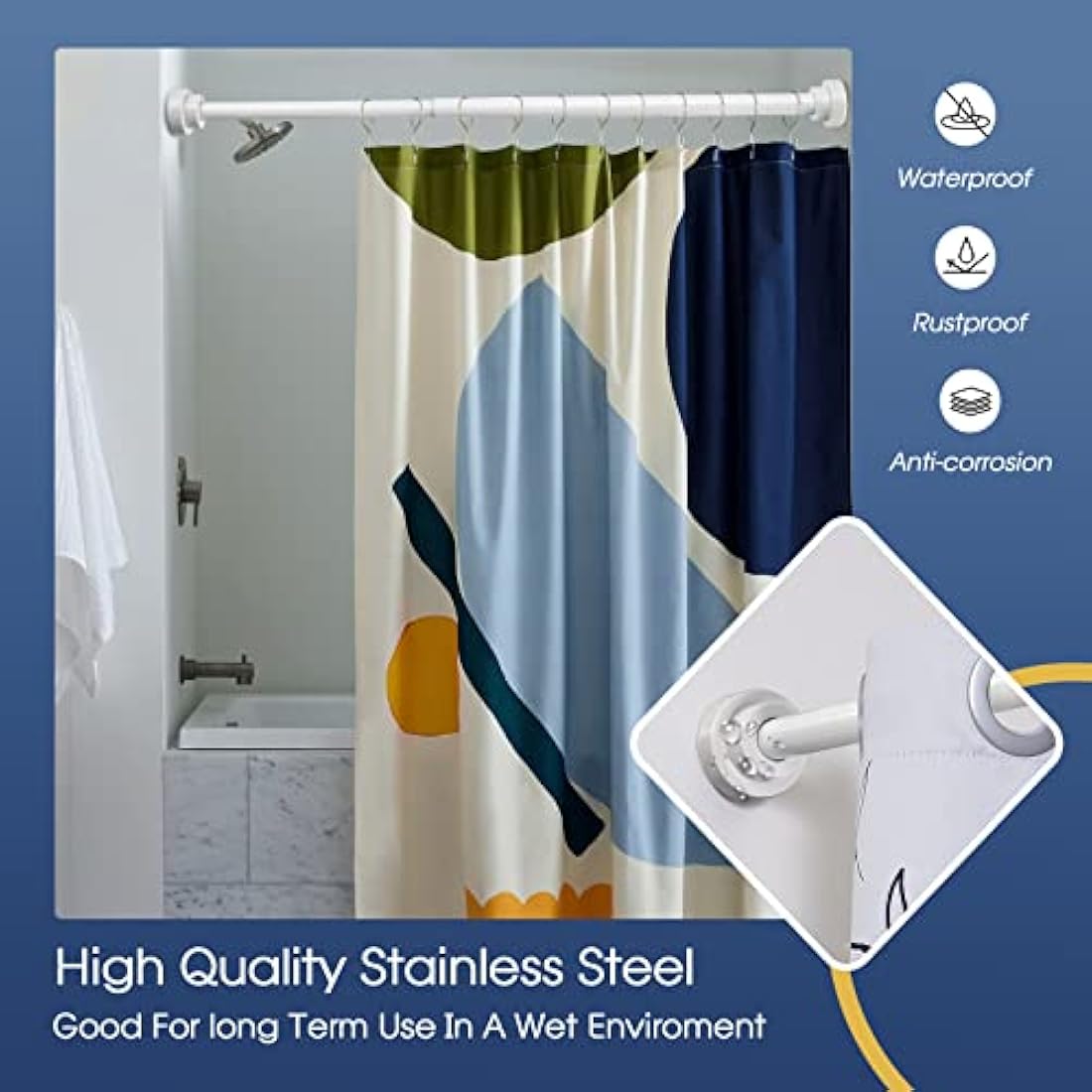 Stainless Steel Extendable Shower Curtain Pole 83-130cm Tension Rods for Curtains Telescopic Curtain Poles No Drilling Adjustable Shower Curtain Rail for Kitchen Cupboard Closet Bathroom Window, White