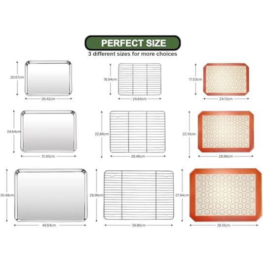Baking Sheet Tray Cooling Rack with Silicone Mat Set, Stainless Steel Cookie Pan for Oven, Set of 9 (3 Sheets + 3 Racks + 3 Mats), Warp Resistant & Heavy Duty Easy Clean