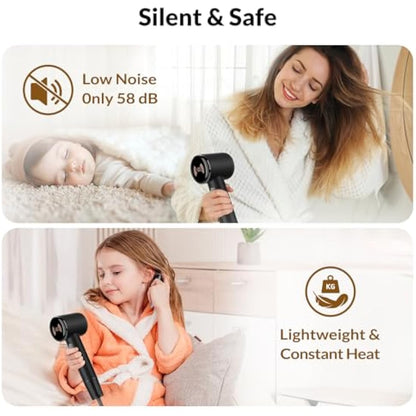 Chignon Ionic Hair Dryer with Diffuser - 110,000 RPM Brushless Motor, 1600W Blow Dryer with Temperature Display & Magnetic Attachments, Low Noise for Salon Styling