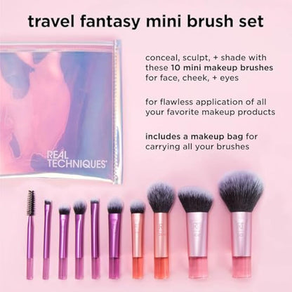 Real Techniques Travel Fantasy Mini Brush Kit, Makeup Brushes For Eyeshadow, Highlight, Contour, Powder, and Concealer, Travel-Sized Brushes and Cosmetic Bag, Synthetic Bristles, 11 Piece Set