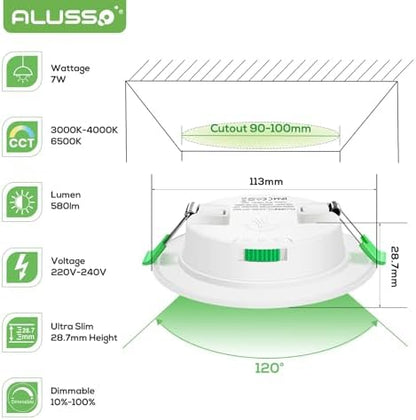 ALUSSO LED Recessed Ceiling Lights, 7W 580Lm Ultra Slim Dimmable Downlights, Warm White 3000K Neutral White 4000K Cool White 6500K Adjustable, IP44 Bathroom Spotlights for Kitchen, Living Room, 6 Pack