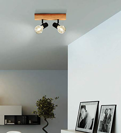 Eglo Townshend 3 Ceiling Light, 2-Flame Vintage Wall Spotlight with an Industrial/Retro Design Made of Steel and Wood, Black and Brown Colours, E27