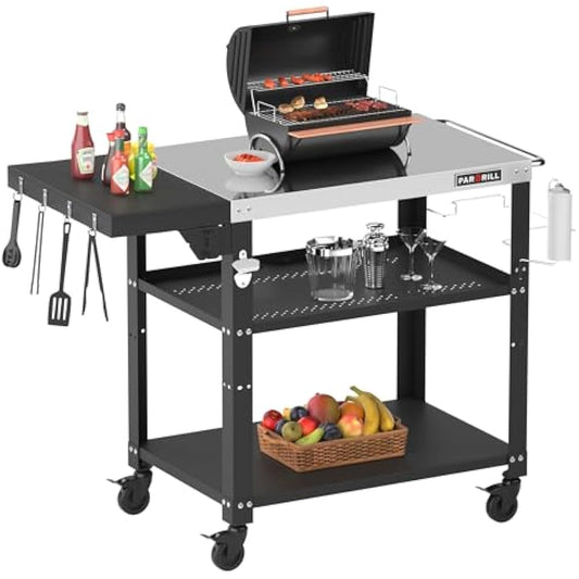 PARGRILL Outdoor Grill Dining Cart, 3-Tier BBQ Table, Movable Food Prep Table with Foldable Tabletop, Stainless Steel Pizza Oven Table with 4 Swivel Wheels, Multifunctional Grilling Table