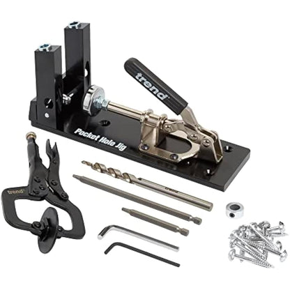 Trend Pocket Hole Jig Kit with Dual Column Jig, Face Clamp, HSS Drill Bit & Depth Setting Collar, 2 Square Bit Drives & 100 Pocket Hole Screws, PH/JIG