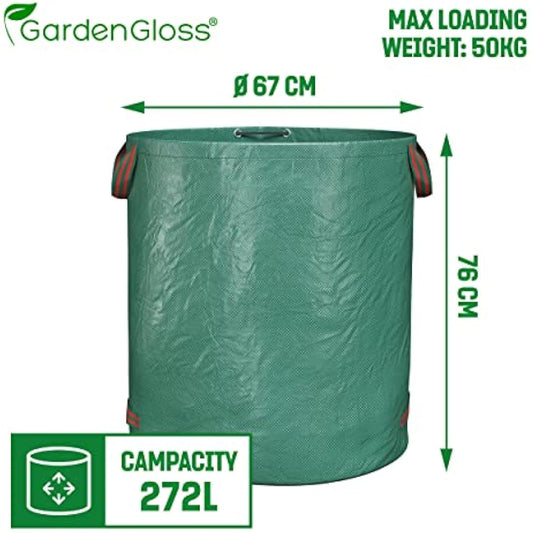 GardenGloss® Garden Waste Bags Heavy Duty with Handles (3pcs) - 272L High Capacity Garden Bag - UV Stable and Water Repellent - Reusable