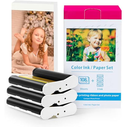Compatible for Canon Selphy CP1300 CP1500 Ink Photo Paper Set,100 x 148mm 108 Sheets Paper and 3 Color Ink Cassette, Replace for Canon Selphy KP-108IN CP1200 CP1000 CP910 CP810 CP790 CP Printers