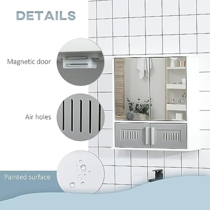 kleankin Bathroom Mirror Cabinet, Wall Mounted Storage Cupboard with Double Doors and Adjustable Shelf, Bathroom Organizer, Grey