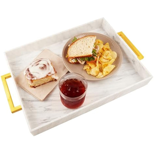 Acrylic Serving Tray with Gold Handles, 16" x 12" Decorative Trays for Coffee Table, Spill Proof Food and Drinks Server, Ottoman Tray for Countertop, Kitchen, Vanity, Serving Party Platter (Marble)