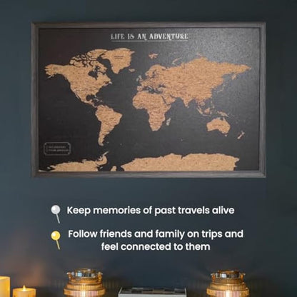 Splosh Large Maps. World Map Pin Board in Black, Wooden Frame. World Map Cork Board with 100 Pins in 2 Colours to Mark Your Past and Future Adventures. Framed World Maps for Wall. (Black)