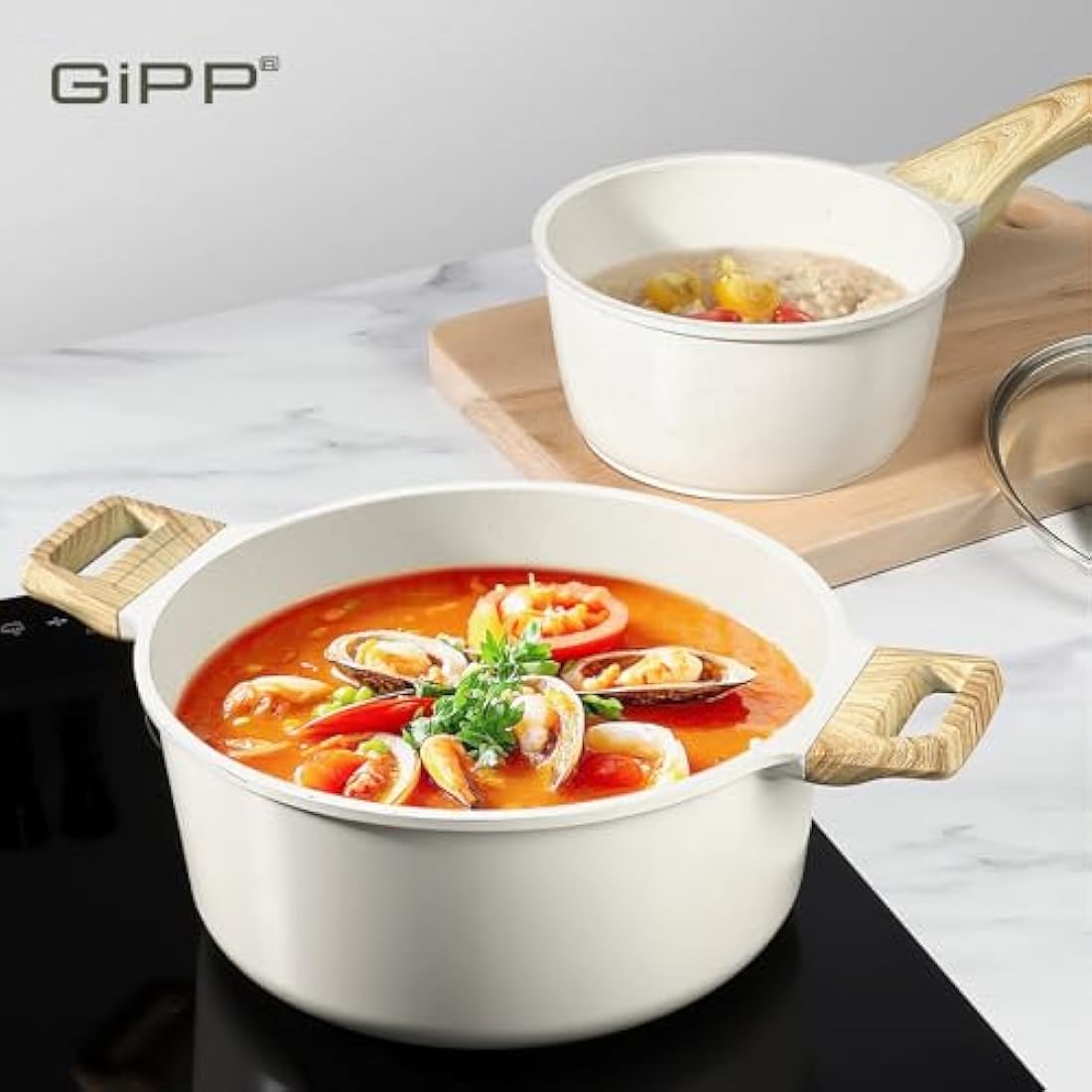 GiPP Pots and Pans Set Non Stick - 14 Piece White Ceramic Kitchen Cookware Sets Nonstick Induction Cookware Non-Toxic Cooking Pan Set with Silicone Spatula&Spoon, PFOS and PFOA Free (White, 14PCS)