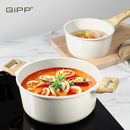 GiPP Pots and Pans Set Non Stick - 14 Piece White Ceramic Kitchen Cookware Sets Nonstick Induction Cookware Non-Toxic Cooking Pan Set with Silicone Spatula&Spoon, PFOS and PFOA Free (White, 14PCS)