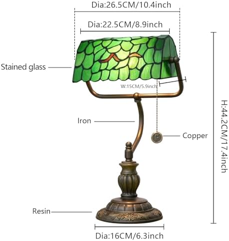Blivuself Tiffany Style Green Bankers Desk Lamp Stained Glass Lamps Tree Leaf Vintage Bedroom Bedside Study Pull Chain Reading Desk Light Retro Office Led Adjustable Nightstand Antique Accent Deskla