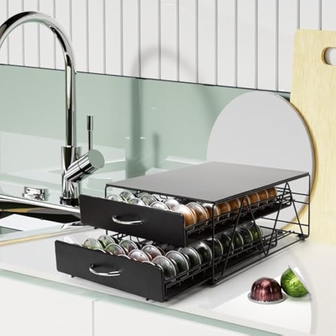 SYSYLY Coffee Pod Holder,2-Tier Coffee Pod Drawer Compatible For Dolce Gusto,Nespreso Vertuoline Pods,Max. Capacity 80 - Coffee Machine Stand - Non-Slip,Pods Dispenser,Metal Drawer.